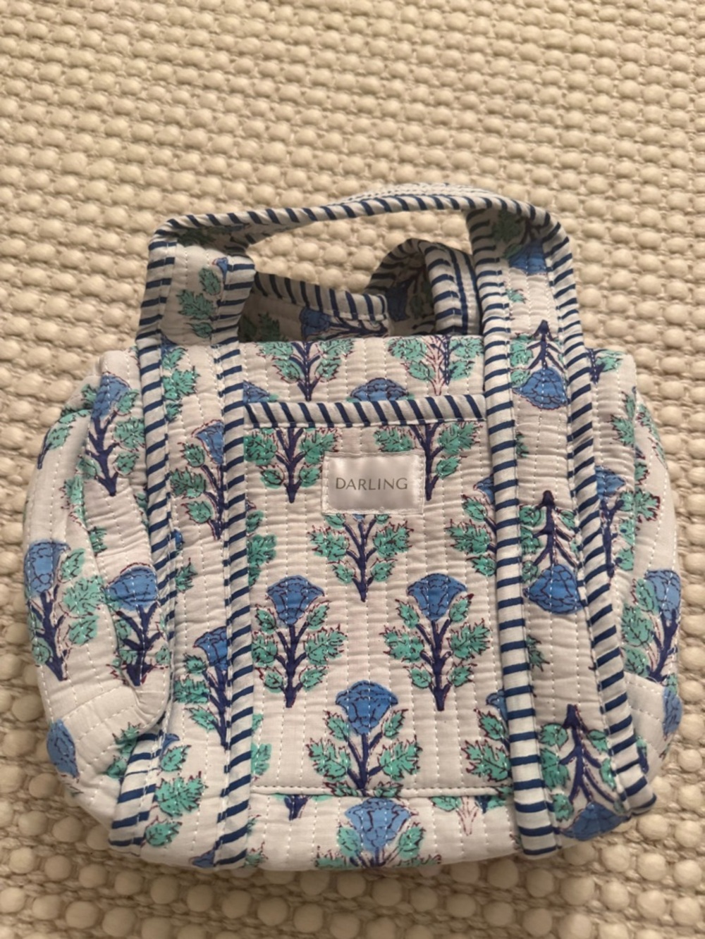 Darling Quilted Floral Tote in Blue and Green with Striped Trim